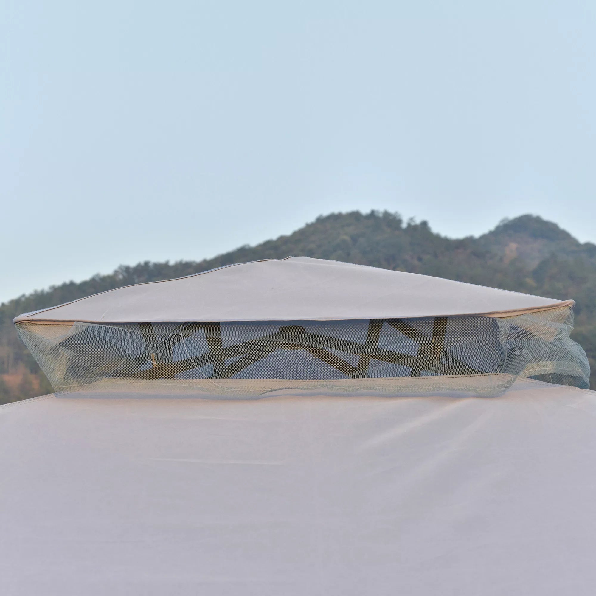 Paviljonas su dvigubu stogu, 3x2 m, atsparus vandeniui, stabilus, atsparus žiemai, su moskitine tinklele, šoninėmis dalimis, metalinis sodo paviljonas, skirtas sodui, terasai, šviesiai pilkos spalvos.