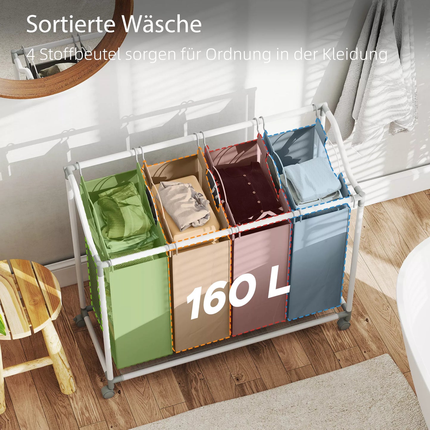 Skalbiarnių krepšys su 4 skyriais 160 L, surinktuvas su ratukais, išimama skalbinių talpykla, 97 x 38 x 81 cm, pilkos spalvos.