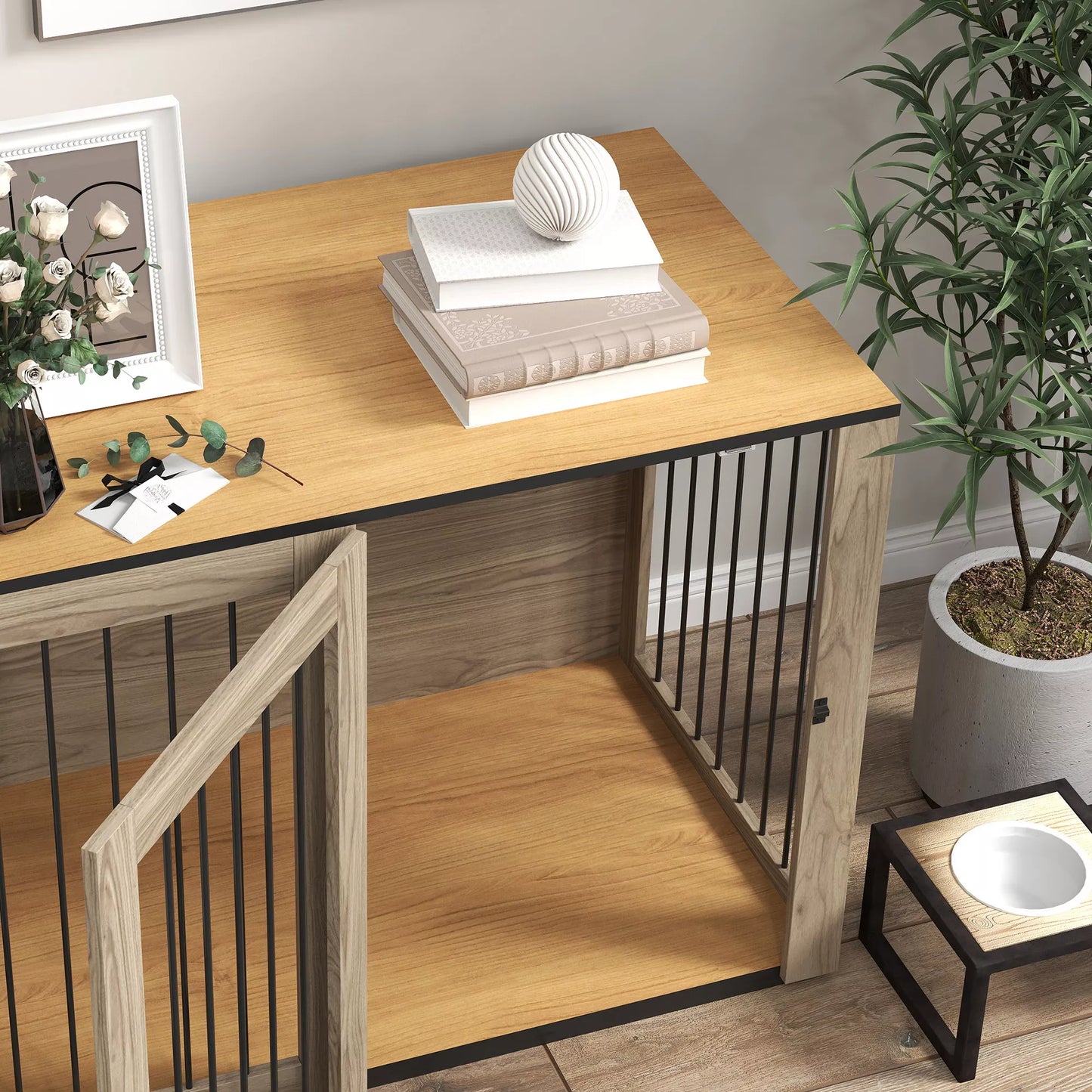 Šunų dėžė, naminių gyvūnų dėžė dideliems šunims, šunų būda, vidaus, 106 x 60 x 76 cm, ąžuolas