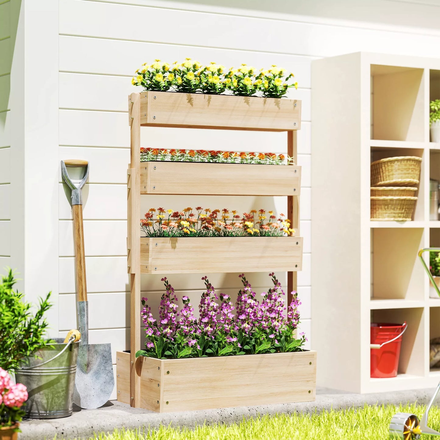 Medinė pakeliamoji lysvė, 4 pakopų sodinimo lysvė su drenažo skylutėmis, šiltnamis sodui 88,5 x 45 x 140 cm natūralios medienos