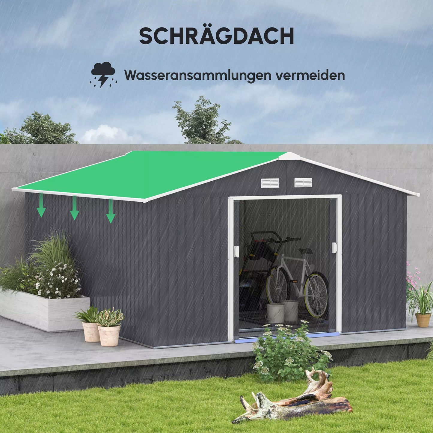 Sodo namelis įrankiams, atsparus oro sąlygoms, su ventiliacijos langais, stumdomomis durimis, plieninis, anglies pilkumo