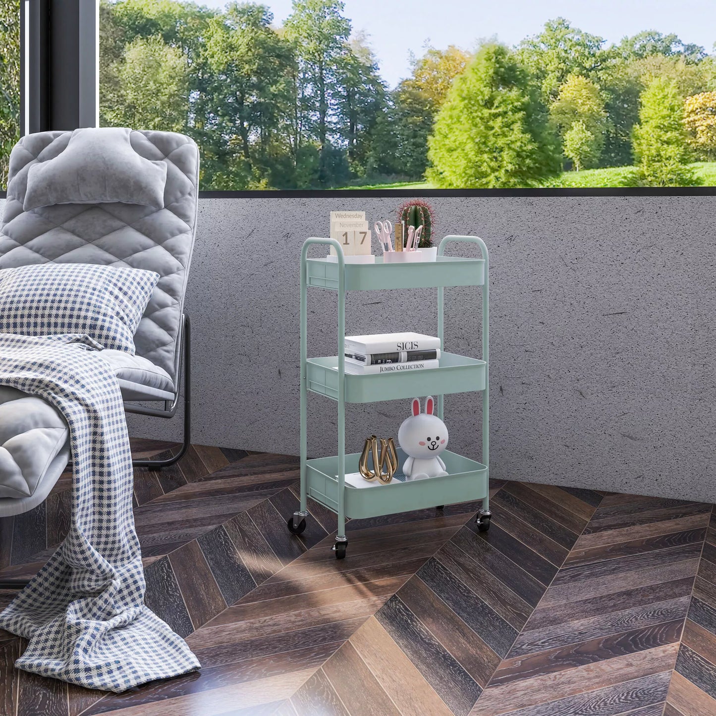 Daugiafunkcis vežimėlis virtuvei, 3 lentynos, 4 ratukai, 45 cm x 30,6 cm x 79 cm, šviesiai mėlynas