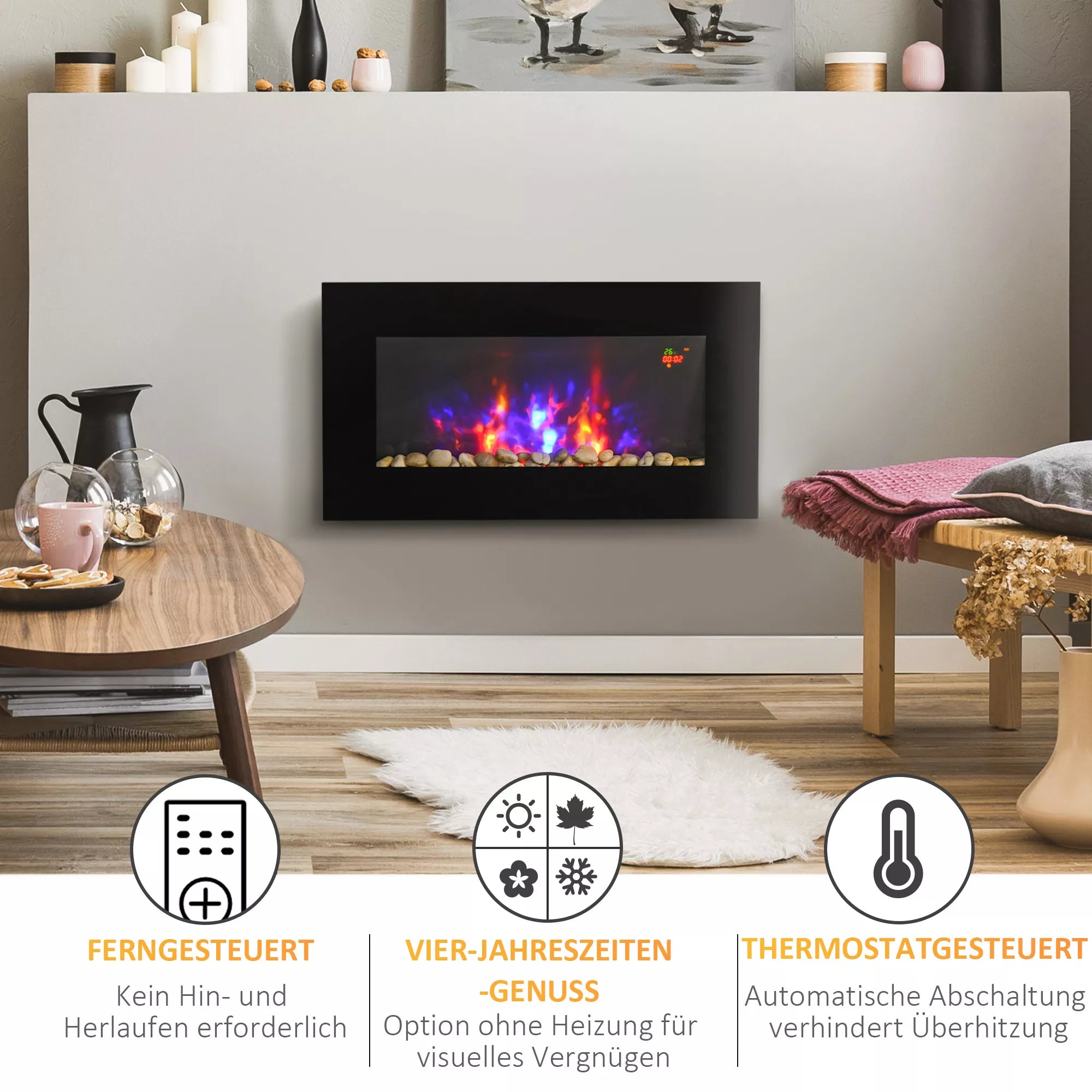Elektrinis sieninis židinys, 1000 W/2000 W, LED ugnies efektas, nuotolinio valdymo pultas, stilingas išvaizda, su šildymo funkcija