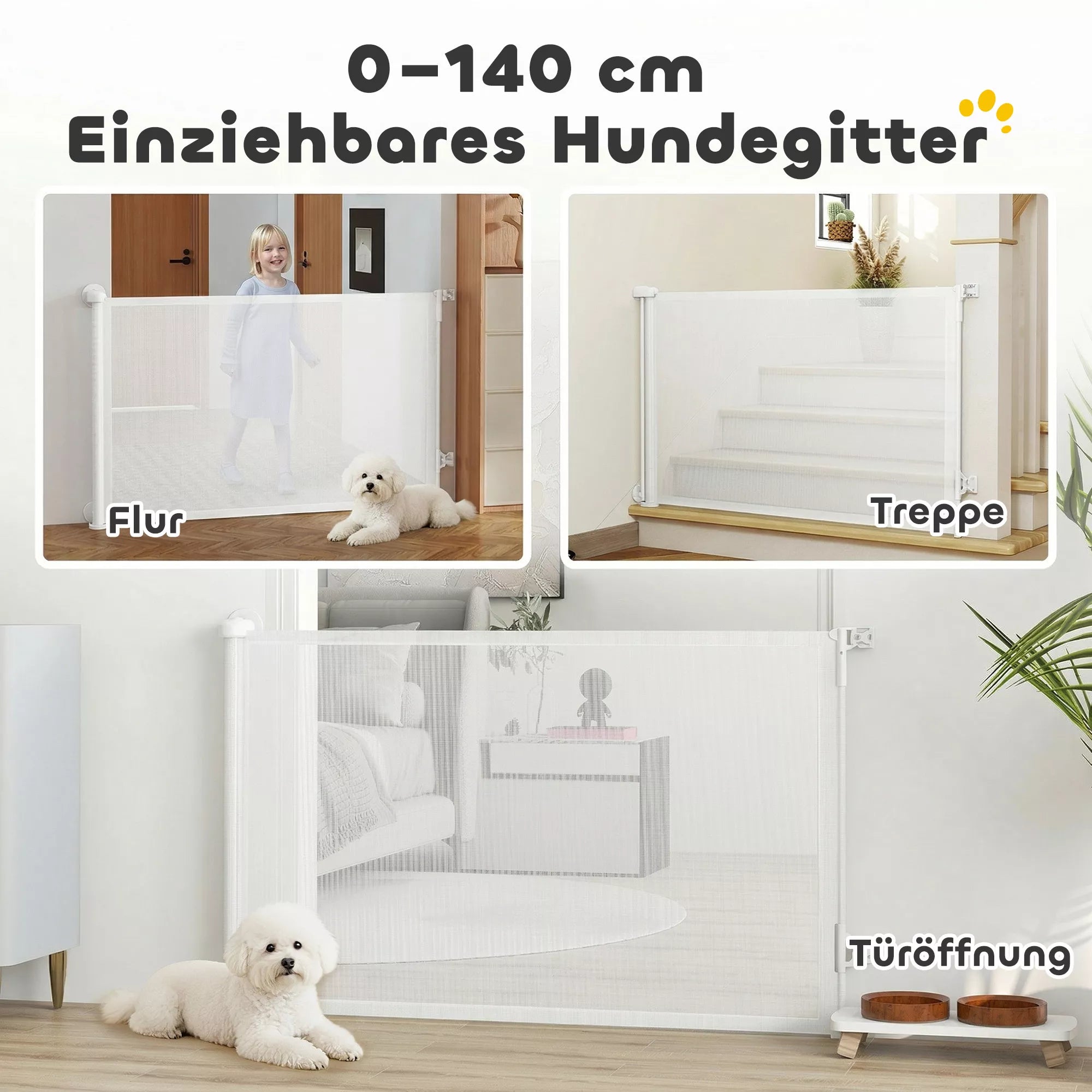 Laiptų apsauginė grotelė, ištraukiama 0–140 cm, valdoma viena ranka, skirta naminiams gyvūnams, laiptams ir durims, balta