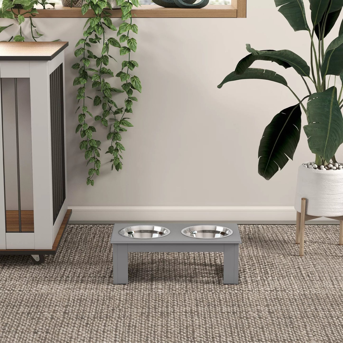 Šunų maitinimo stotelė, neslystanti, 44x24x15cm, pilka, 0,9L viename dubenyje