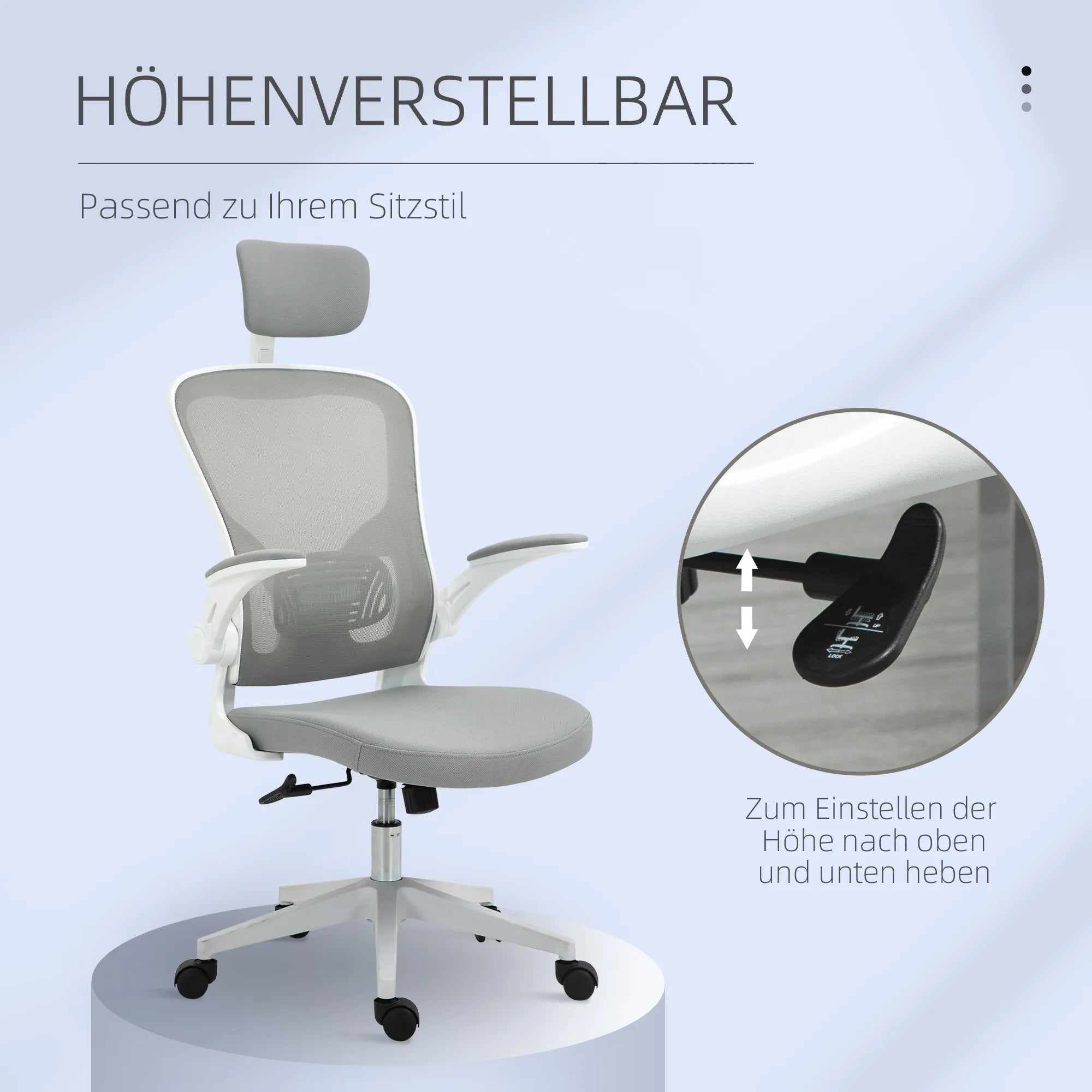 Biuro kėdė ergonomiška su atlošu ir reguliuojamais porankiais, pilka