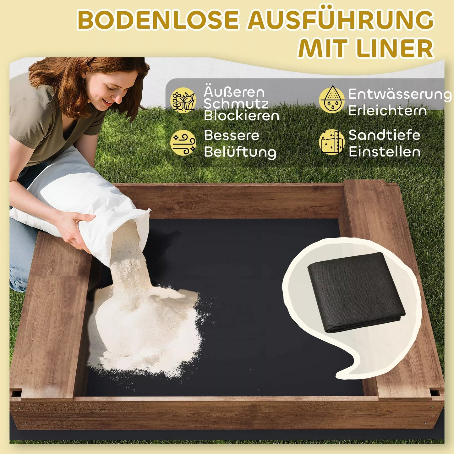 Smėlio dėžė su stogeliu ir tinklinėmis durelėmis, suoliukais, dugno apsauga, ruda