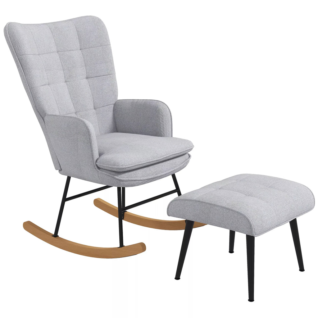 Sūpynės kėdė su pufu Skandidesign Sūpynės kėdė su pufu, bukmedžio, dygsniuota, 64 cm x 89 cm x 90 cm Pilka