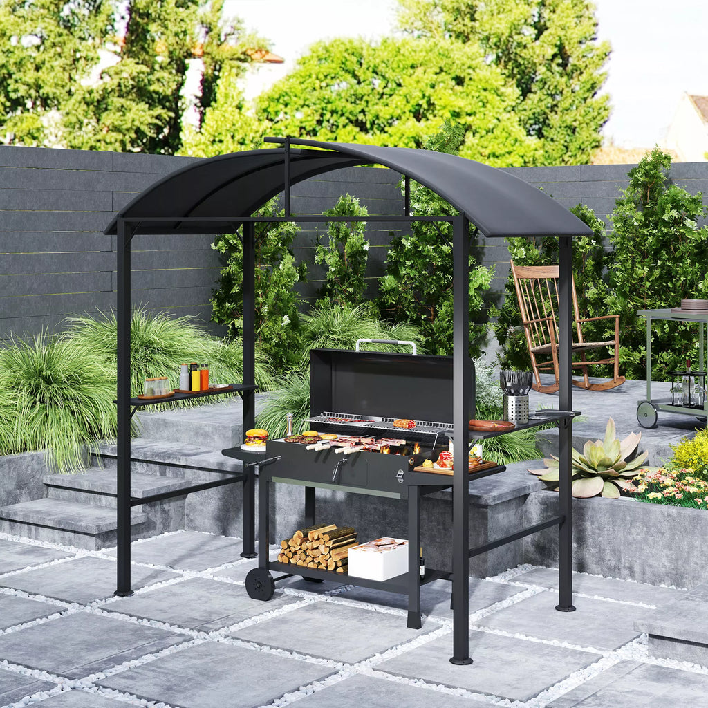 Grill paviljonas, 2 šoninės lentynos, kabliai, plieninis rėmas, 1,1 x 2,3 m, tamsiai pilkos spalvos
