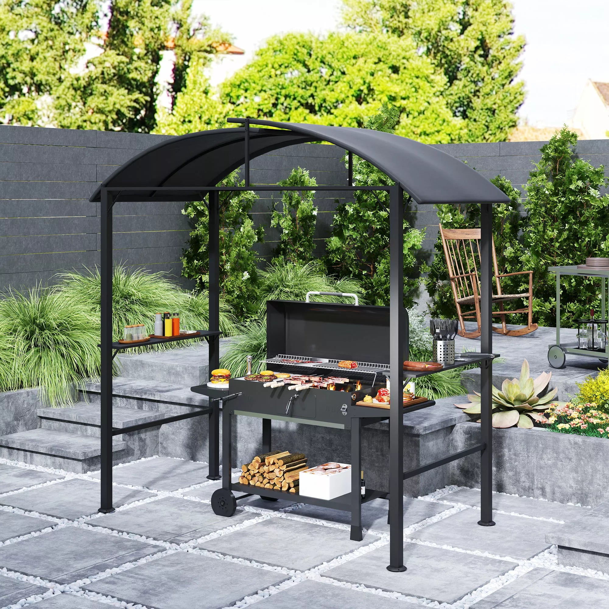 Grill paviljonas, 2 šoninės lentynos, kabliai, plieninis rėmas, 1,1 x 2,3 m, tamsiai pilkos spalvos