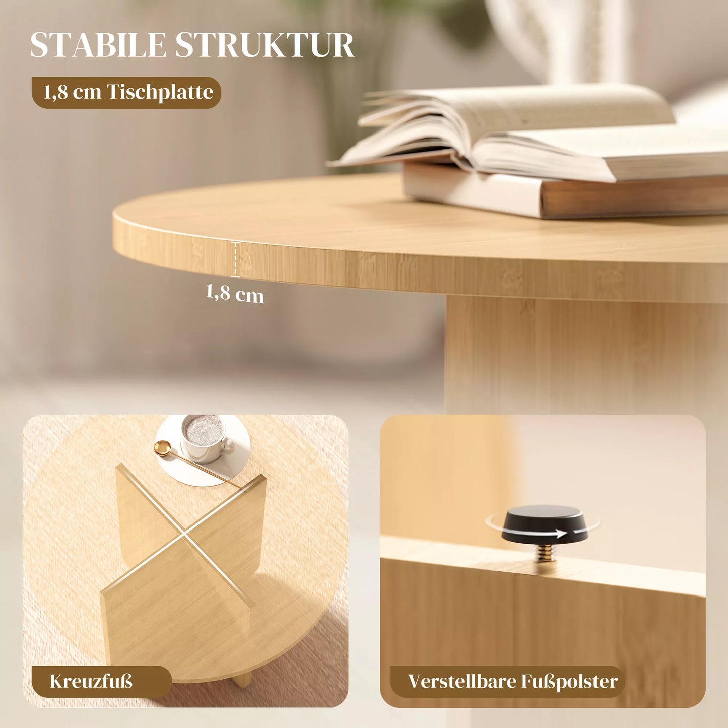 Apvalus kavos staliukas svetainei, bambukinis žurnalinis staliukas, bambukas ir plienas, 60x60x45 cm, natūrali