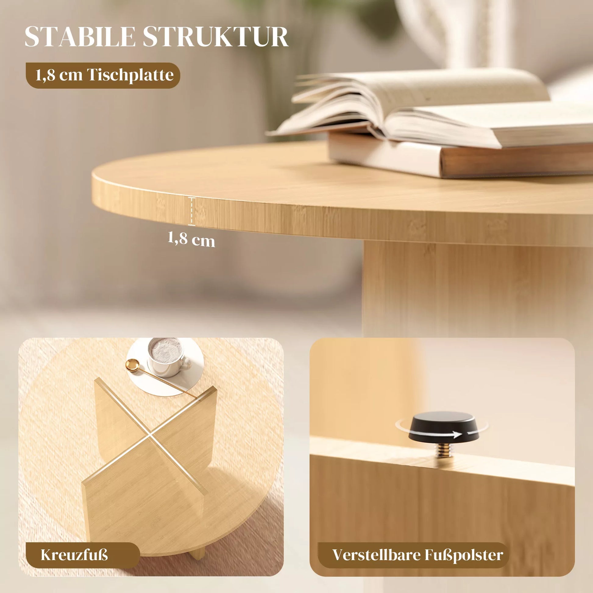 Apvalus kavos staliukas svetainei, bambukinis žurnalinis staliukas, bambukas ir plienas, 60x60x45 cm, natūrali