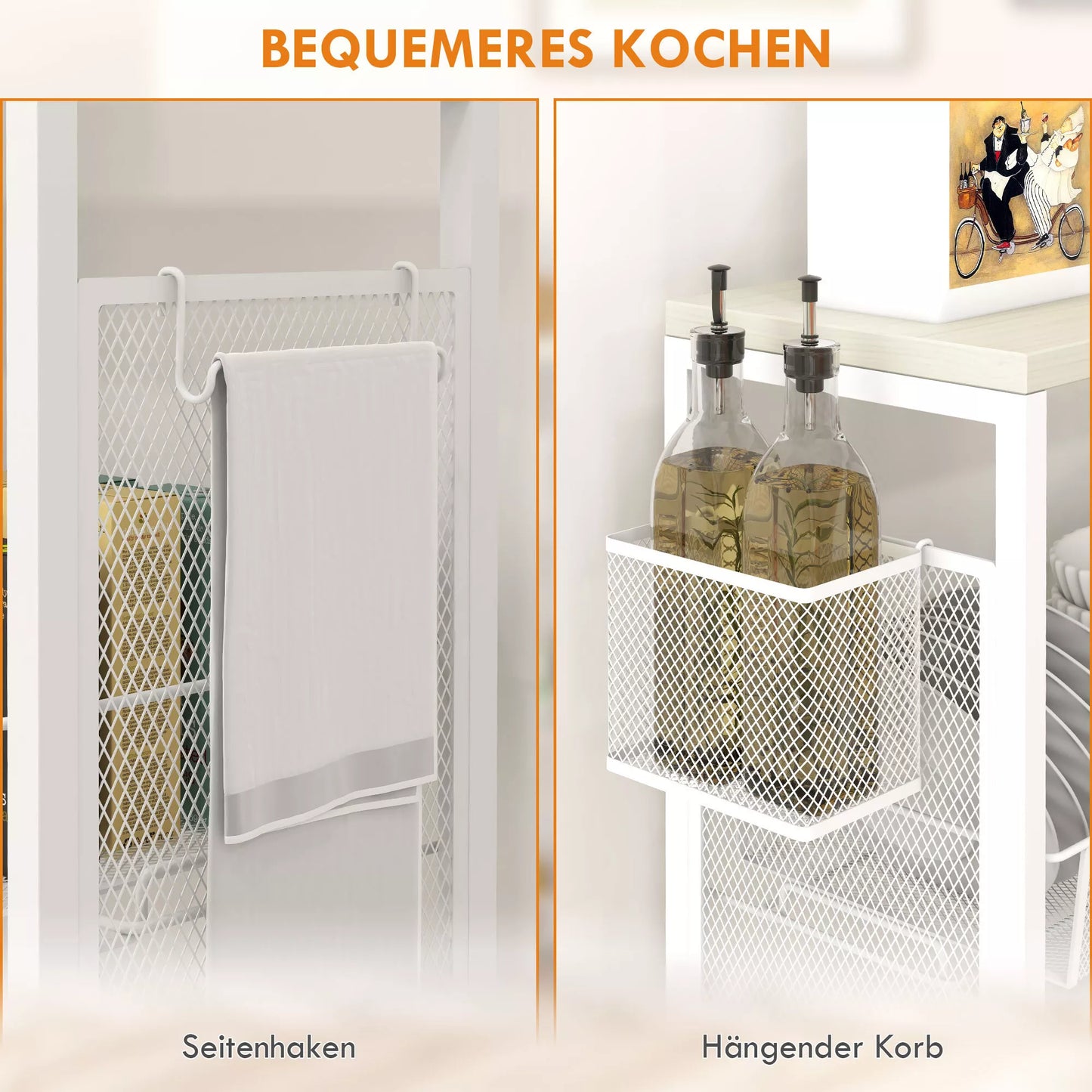 Siauras vežimėlis, universalus virtuvinis vežimėlis, 3 lentynos, kabliukai, 58 cm x 18,5 cm x 87 cm, baltas