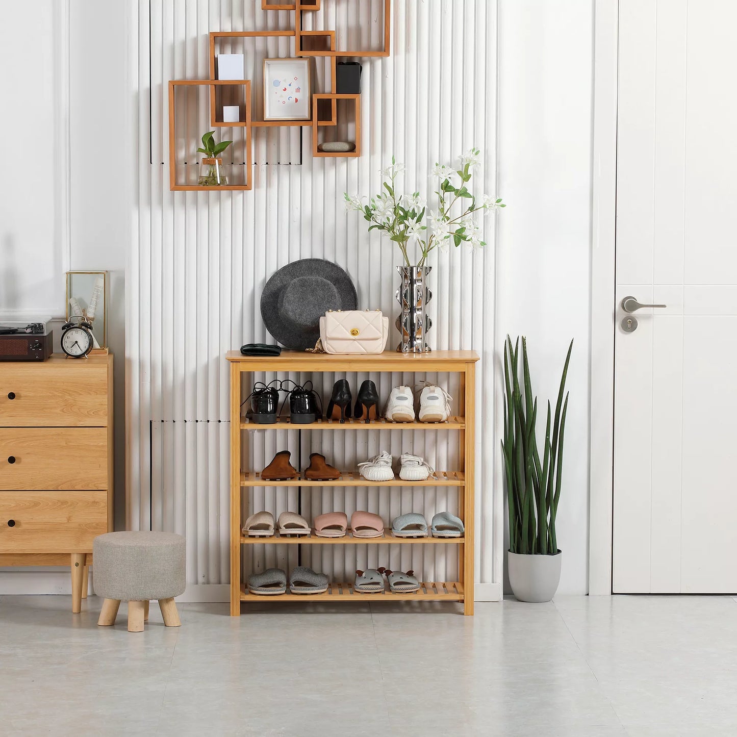 Batų lentynos su 4 lentynomis, bambukas, lamelių, iki 45 EU dydžio, natūralus