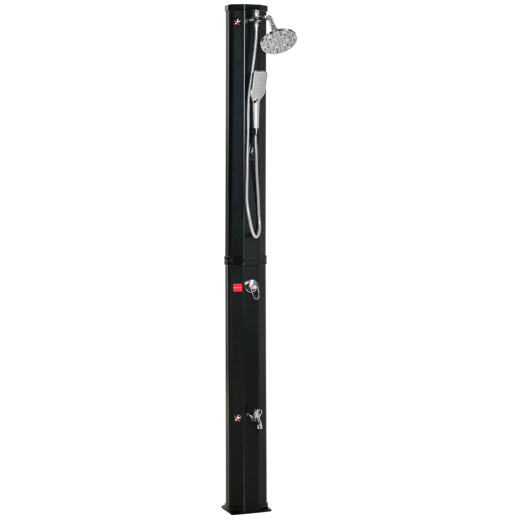 Saulės dušas 35 litrai 0–55 ℃ šiltas vanduo Kempingo baseino dušas su čiaupu ir lietaus dušo galvute Juodas 17,5 x 14,5 x 216 cm