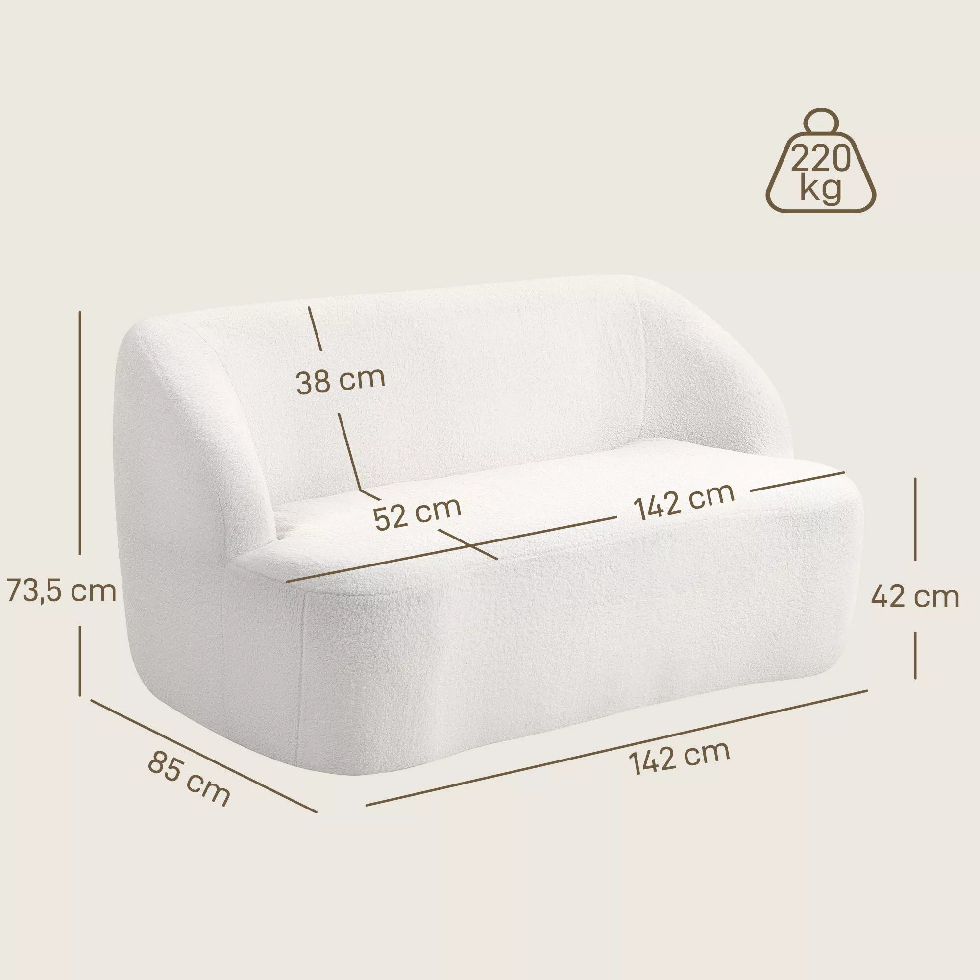Dvivietė sofa, išlenkta forma, minkšta sofa su fliso apmušalu, skirta svetainei, miegamajam, namų biurui, kreminės baltos spalvos