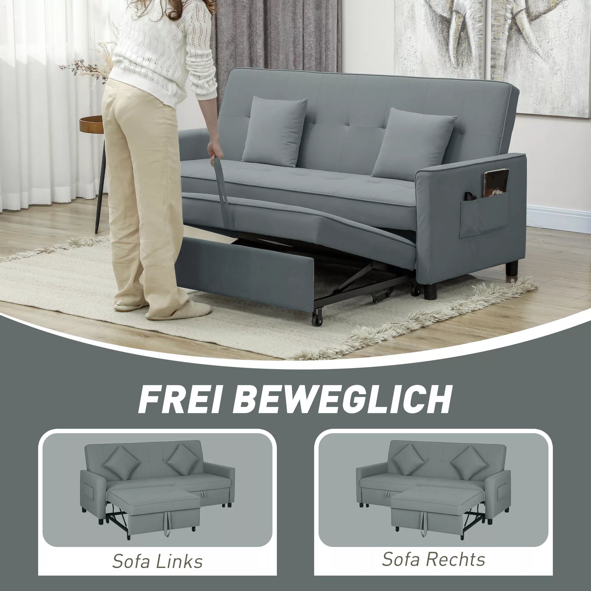 Miegamoji sofa, reguliuojama 3 vietų sofa su miegojimo funkcija, ištraukiama miegamoji sofa, pagalvėlės, pilka
