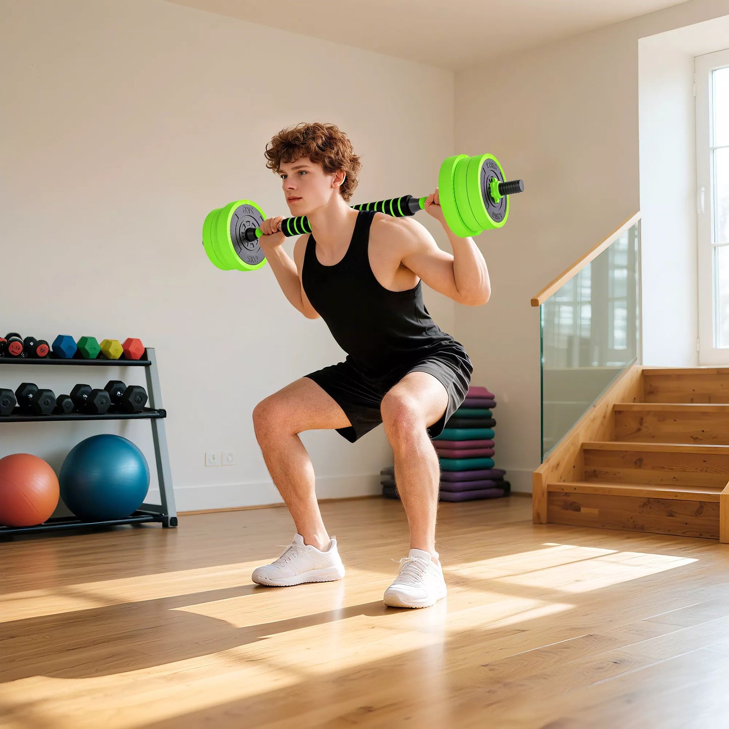 4 viename treniruočių svarmenų rinkinys 20 kg, galimi reguliuojami trumpieji svarmenys & ilgasis svarmuo, kettlebell, atsispaudimų rankenos žalios