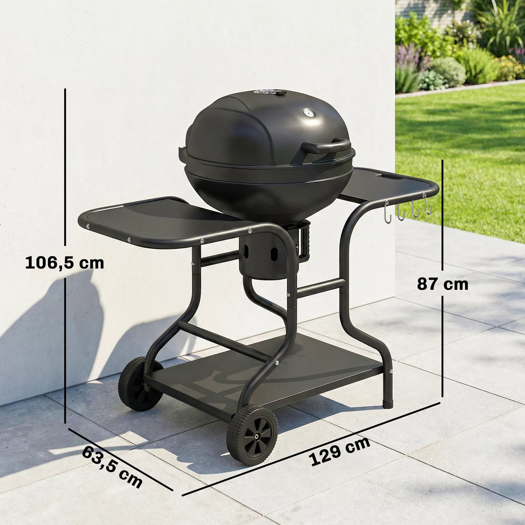 Anglies grilis BBQ Smoker su šoniniais stalais, dangčiu, termometru, ratais, 129 x 63,5 x 106,5 cm