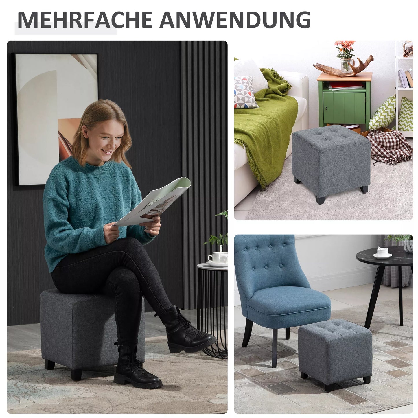 Sėdimoji taburetė, sagtimis apsiūta, lino išvaizda, 35 cm x 35 cm x 35 cm, Pilka