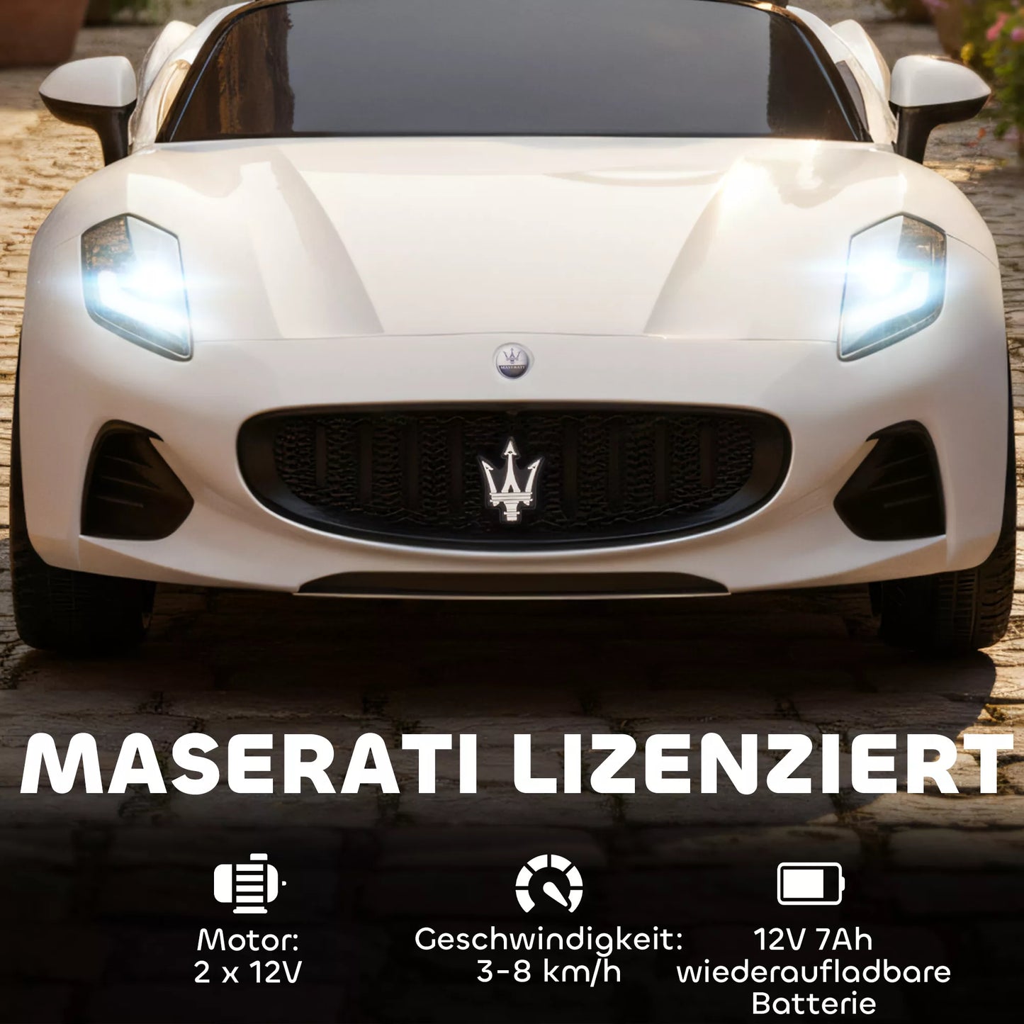 Maserati elektrinis automobilis vaikams, 2 vietų, su 12V akumuliatoriumi, nuotolinio valdymo pulteliu, LED žibintais, muzikos funkcija, baltas