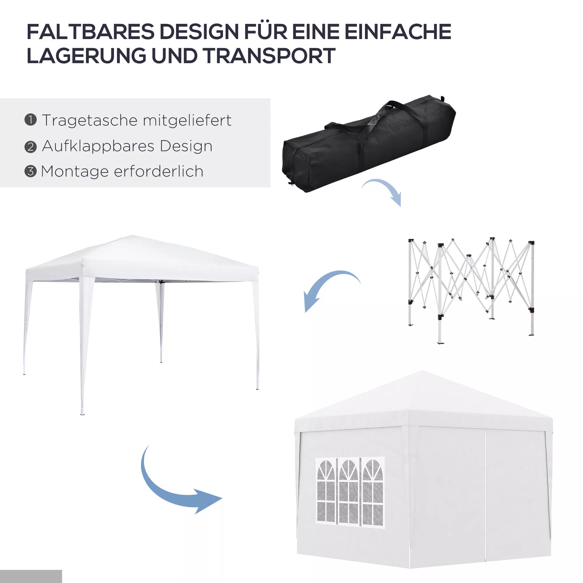 3 x 3 m Paviljono su 4 šoninėmis sienelėmis, langais, UV apsaugos šventės palapinė, sodo palapinė su nešiojimo krepšiu, plienas, balta