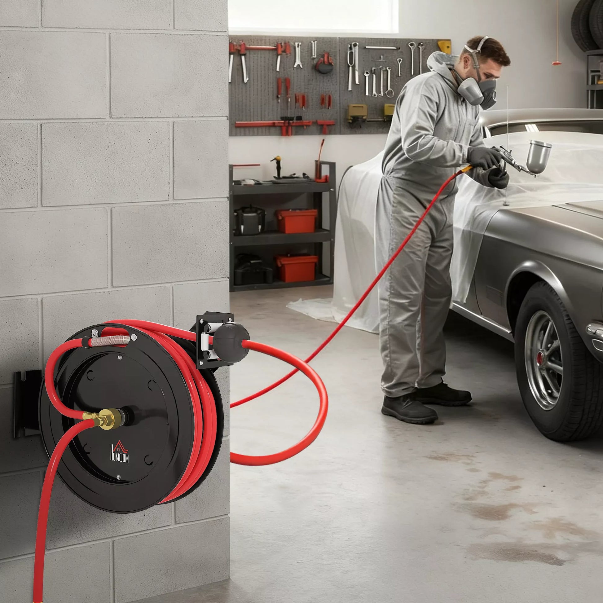 Sieninis sodo žarnos ritininis laikiklis, automatinis atitraukimas, 20 bar vandens slėgis, 15+1 m žarna, metalas