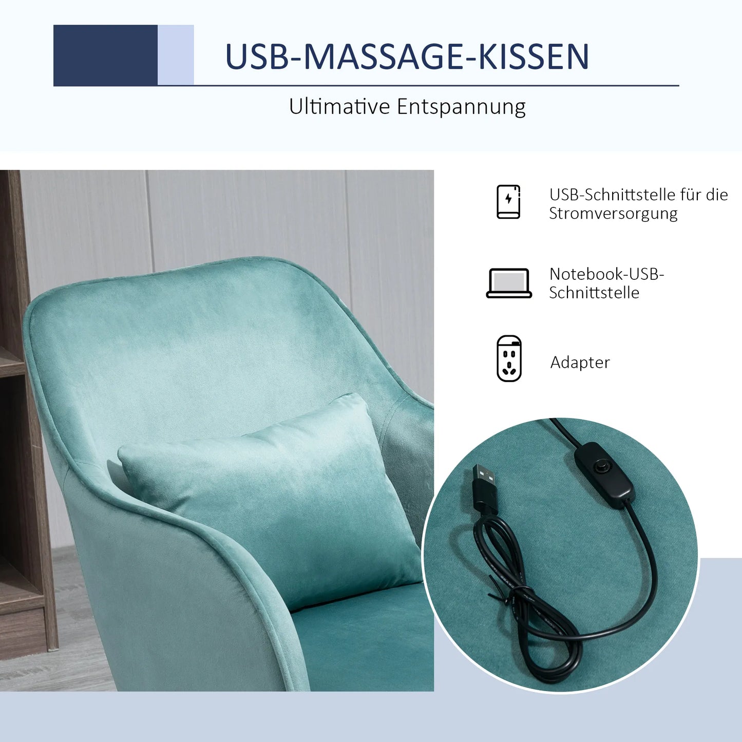 Masažinė biuro kėdė su aksomo išvaizda, juosmens atrama su vibraciniu masažu, iki 115 kg, USB maitinimo jungtis, reguliuojamas aukštis, 57P x 70G x 78-86A cm, žalia