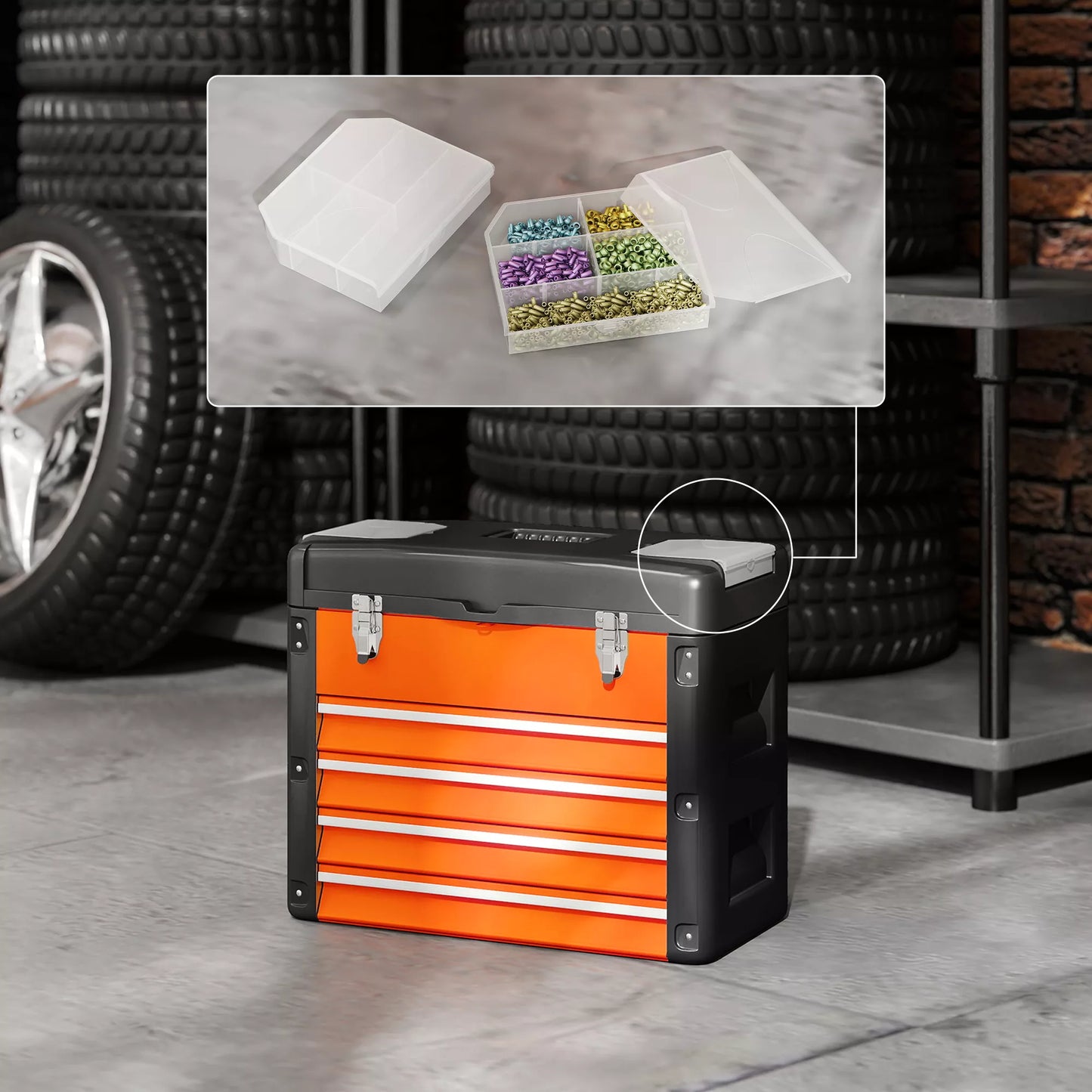 Tuščia įrankių dėžė su 4 stalčiais, 49,7 x 25,3 x 40,7 cm, mini dėžė, plieninė, oranžinė