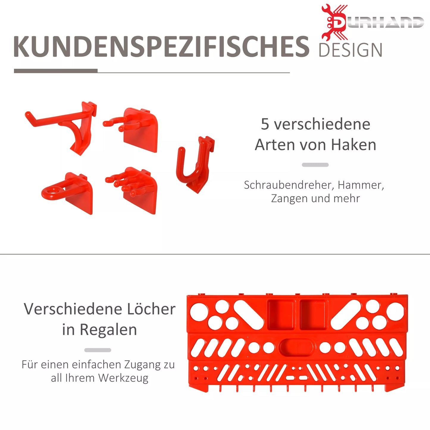 54 vnt. įrankių laikymo sienelė, sieninė lentyna, perforuota sienelė įrankiams, dirbtuvėms, atviri laikymo dėklai, kabliukų rinkinys, PP, pilka+raudona, 95,5 x 23 x 53,5 cm