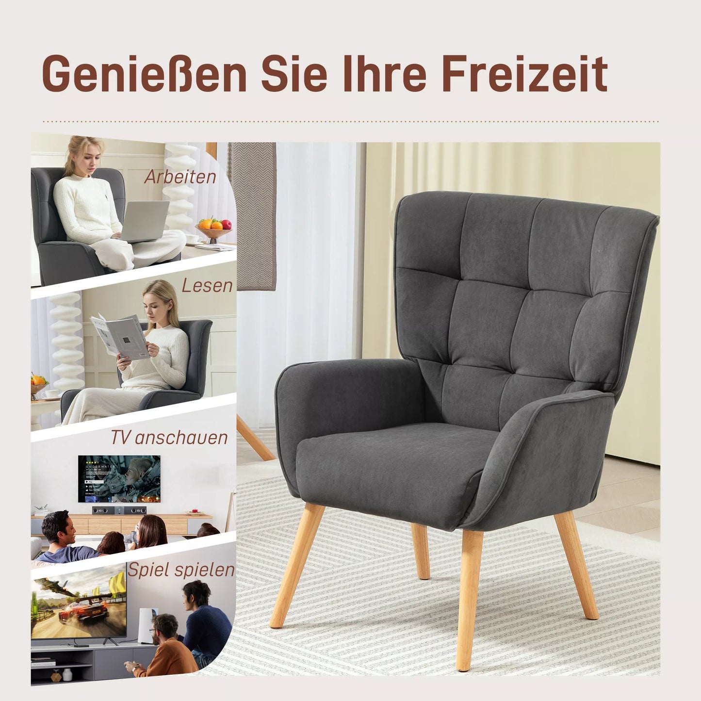 Svetainės fotelis su dygsniavimu, minkšta aksominės išvaizdos apmušalo danga, atlaiko iki 120 kg, pilkas