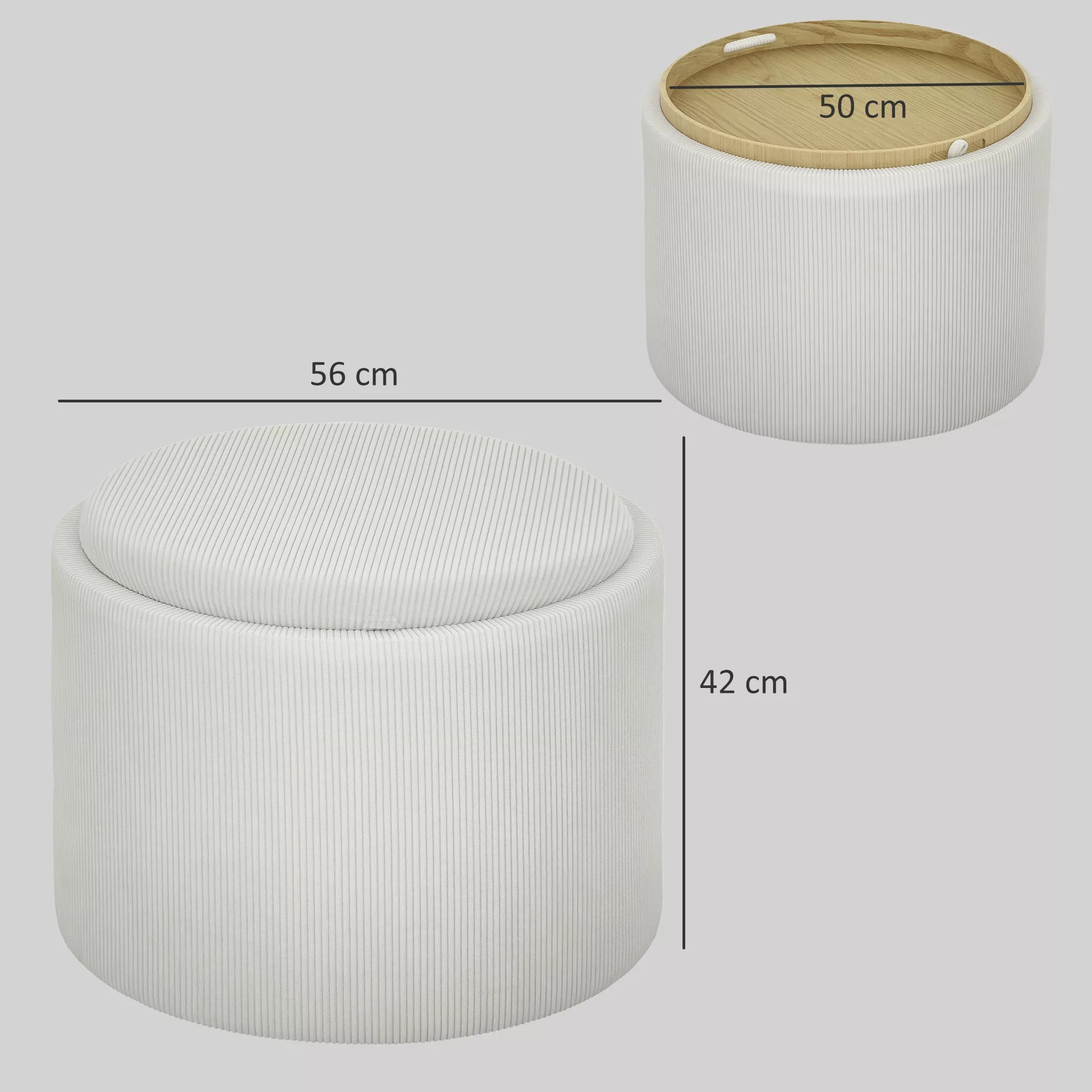 Sėdimoji dėžė su saugojimo vieta, apvali, kojų atrama, velvetas, MDF, kreminė balta