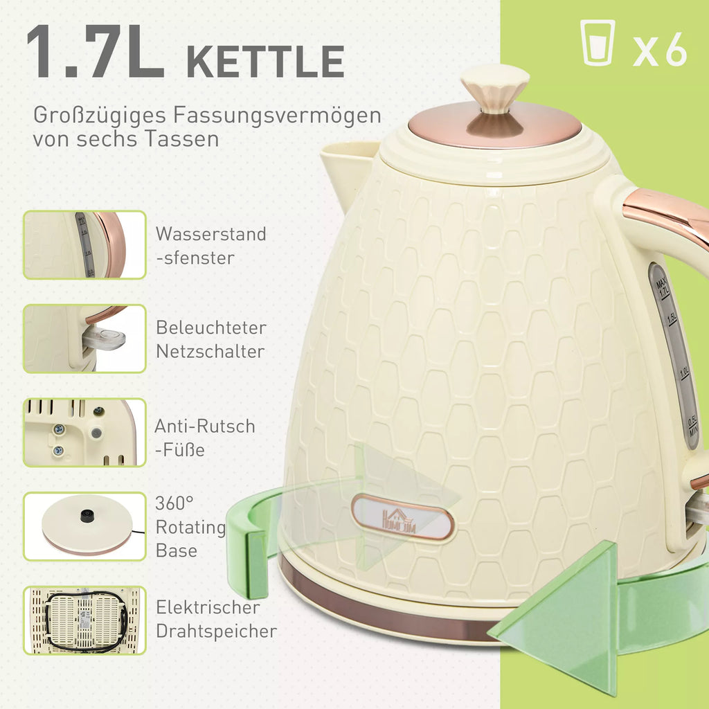 2-in-1 virtuvės rinkinys, skrudintuvas ir virdulys, kelios galimybės, 1,7 l, 4 skrudintos duonos riekelės vienu metu, plastikas, smėlio spalvos