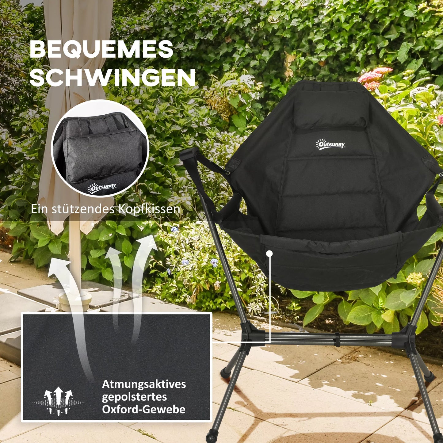 Kempingo supamasis krėslas, sulankstomas, su reguliuojamu atlošu, aliuminio rėmas, 54 x 100 x 101 cm, Juodas