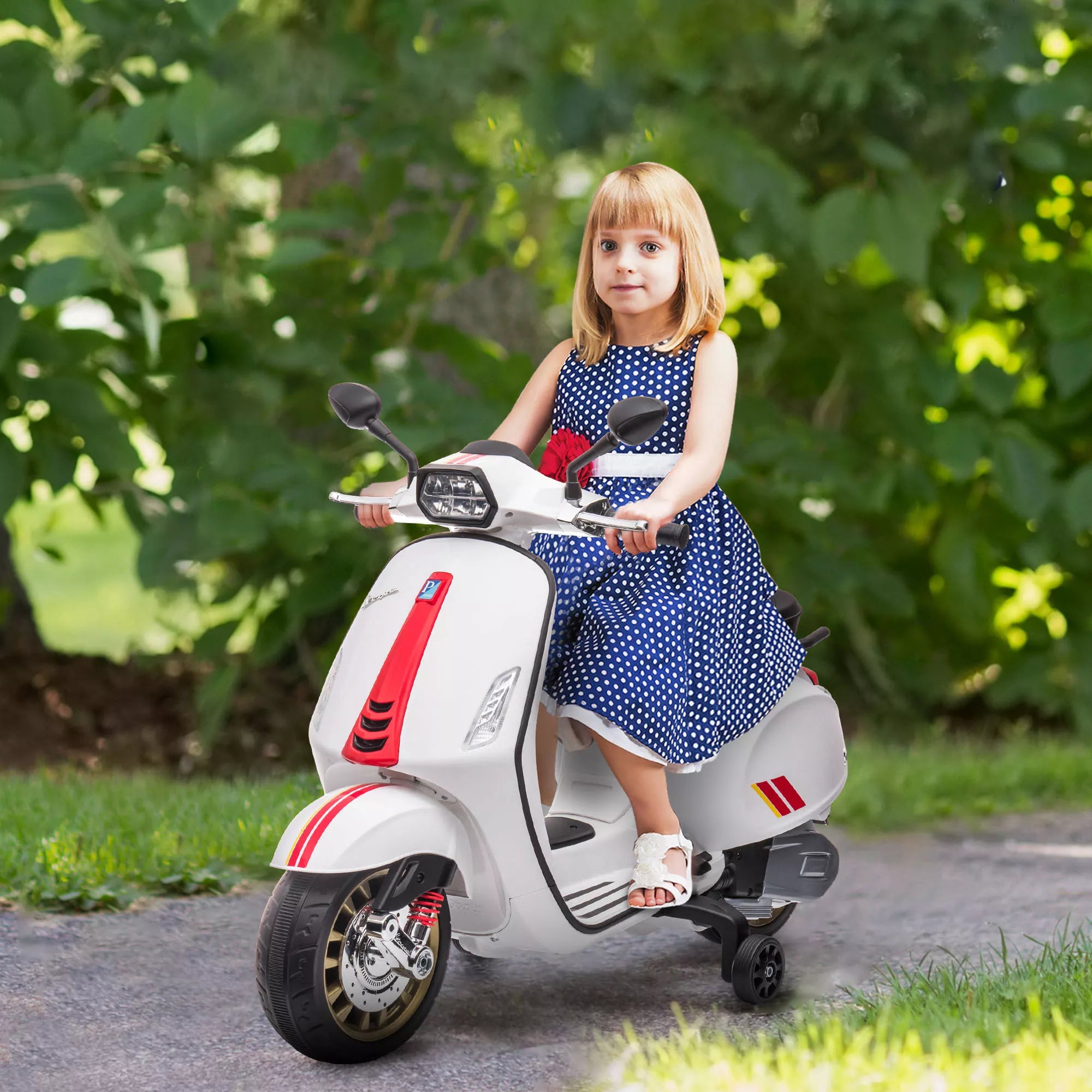 Elektrinis vaikiškas motociklas Vespa, 3 km/h, 3-6 metai, Muzika, Šviesos ir Radijas, Baltas