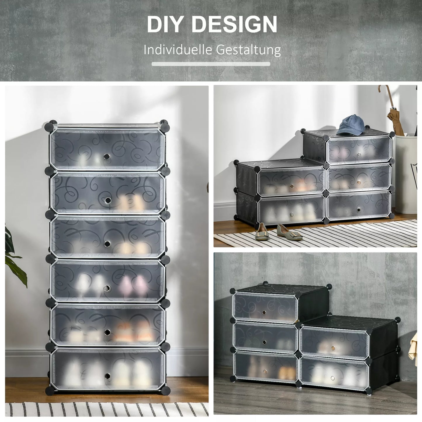 Modulinė lentynų sistema 6 poroms batų, 49 cm x 36,5 cm x 108 cm, juoda