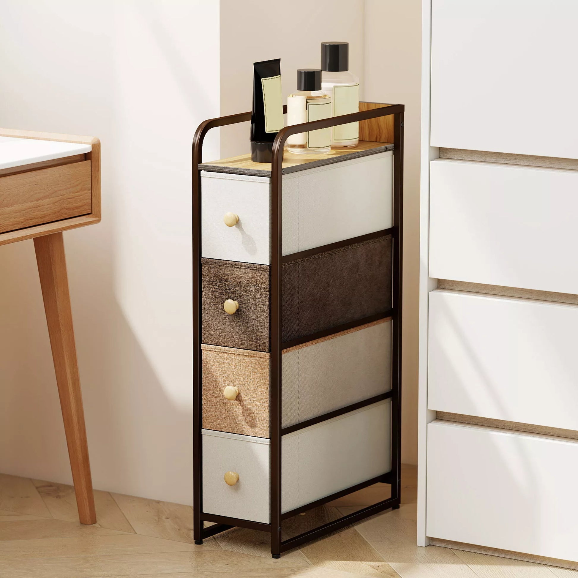 Komoda su 4 stalčiais, neaustinės medžiagos laikymo spintelė su plieniniu rėmu, plienas ir tekstilė, mdf, 20x47x84,5 cm, įvairiaspalvė