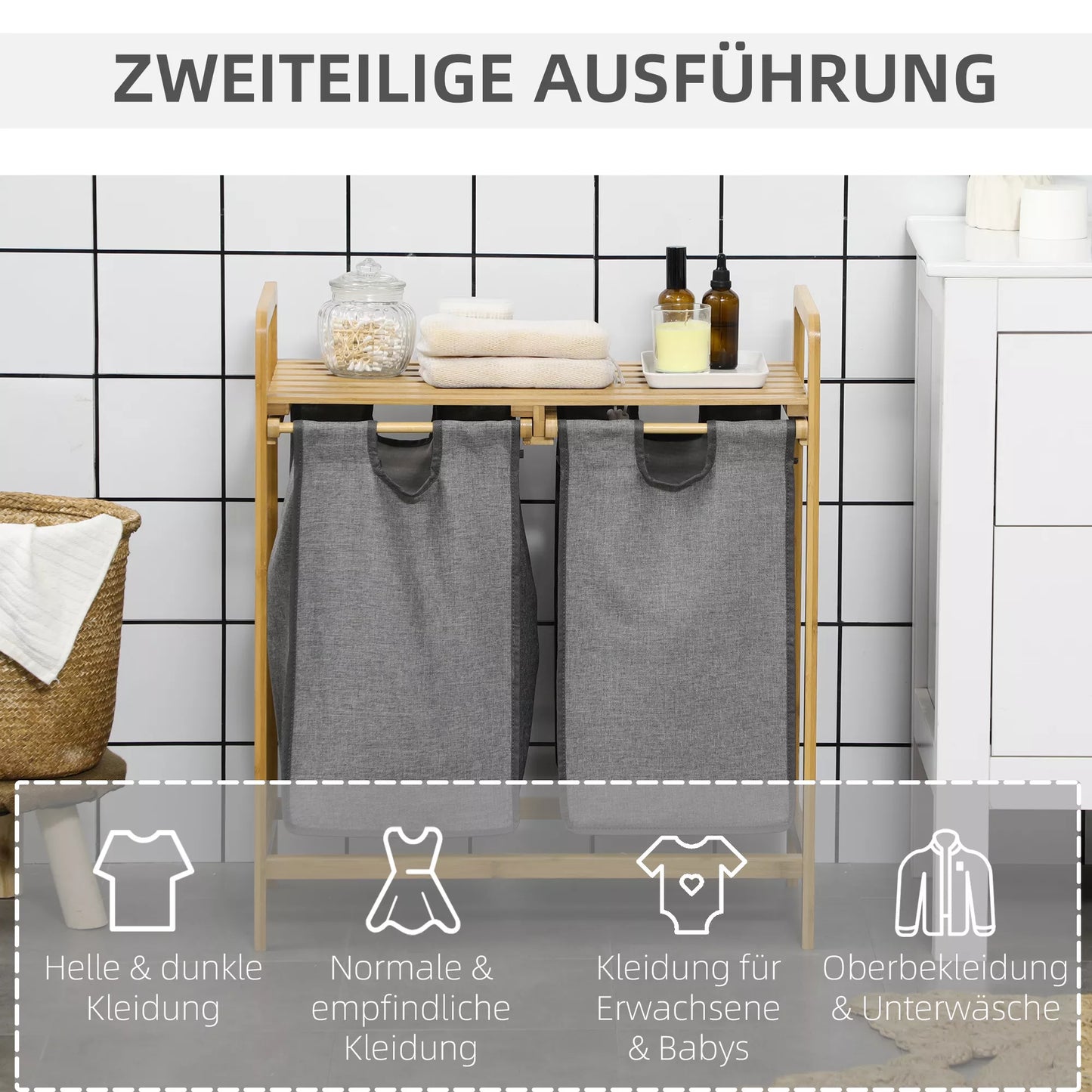 Skalbinių surinkėjas skalbinių krepšys, 2 skalbinių maišai, 2 rankenos, bambukas, 63,5 x 33 x 73 cm, pilka + natūrali spalva