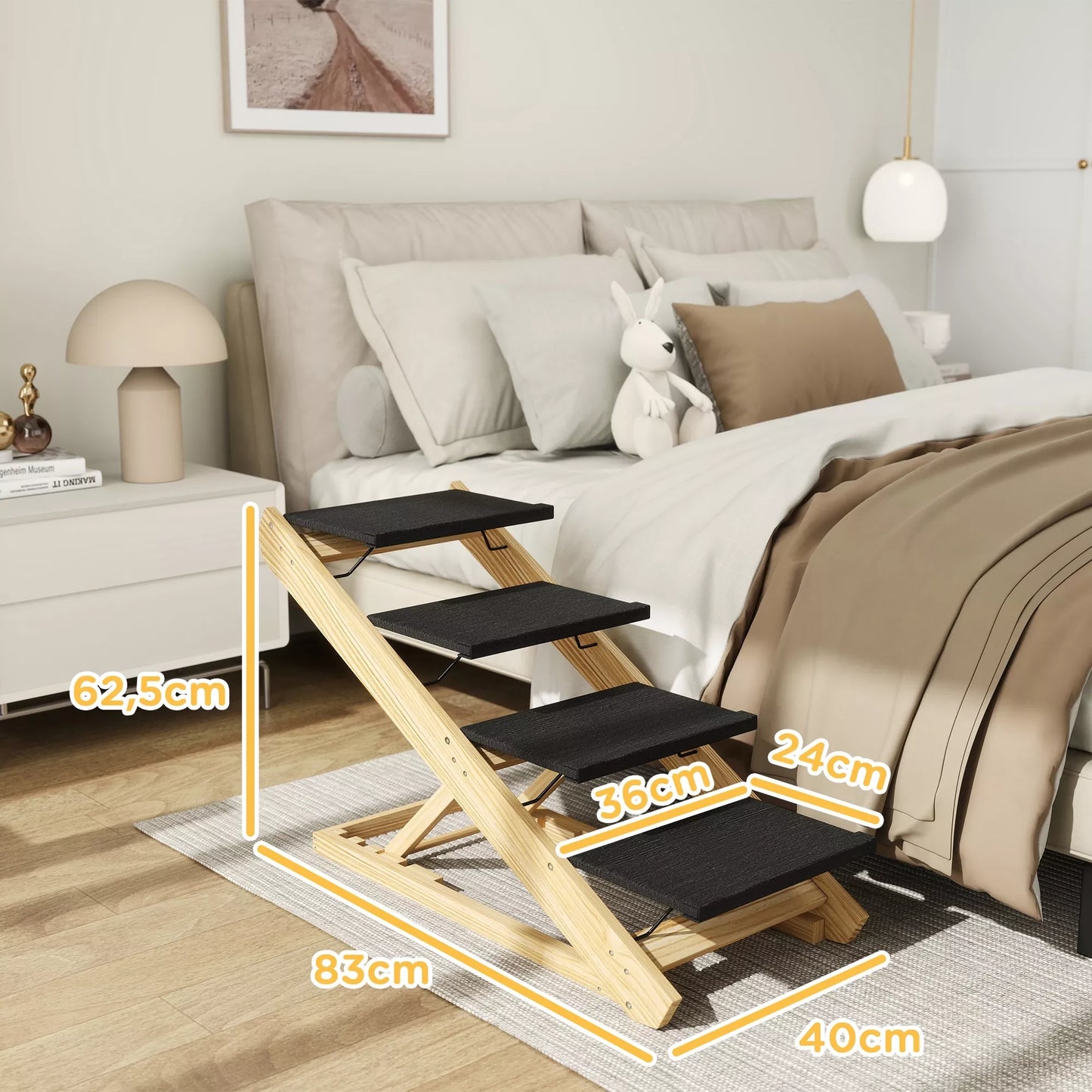 Šunų laipteliai, šunų rampa, reguliuojamas aukštis, neslystantis, sulankstomas, 83x40x62,5 cm, mediena/balta