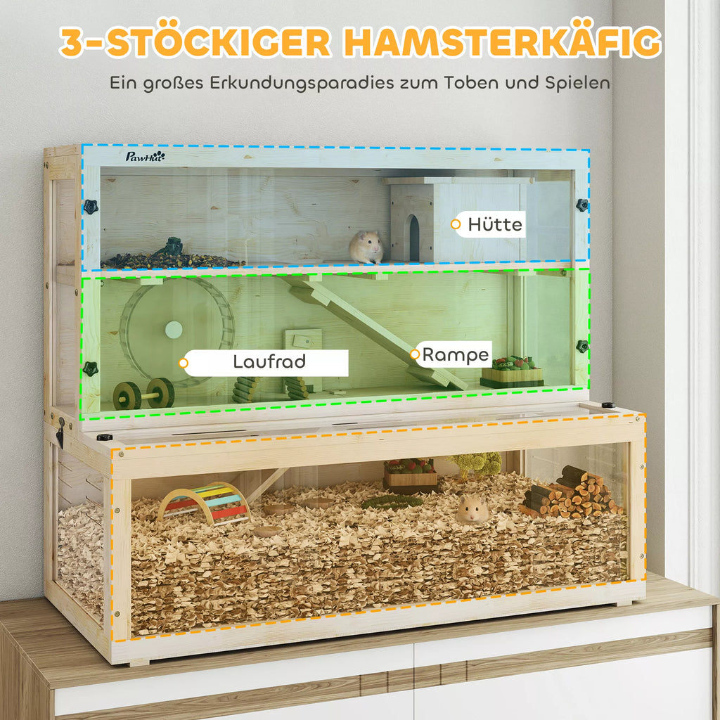 Hamsterio narvelis, 3 lygiai, namelis, priedai, 100 x 50 x 84 cm, keliems smulkiesiems gyvūnams, mediena, plastikas