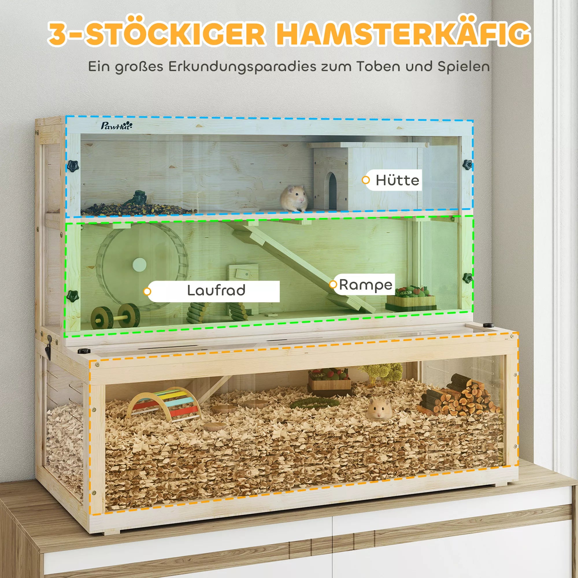 Hamsterio narvelis, 3 lygiai, namelis, priedai, 100 x 50 x 84 cm, keliems smulkiesiems gyvūnams, mediena, plastikas