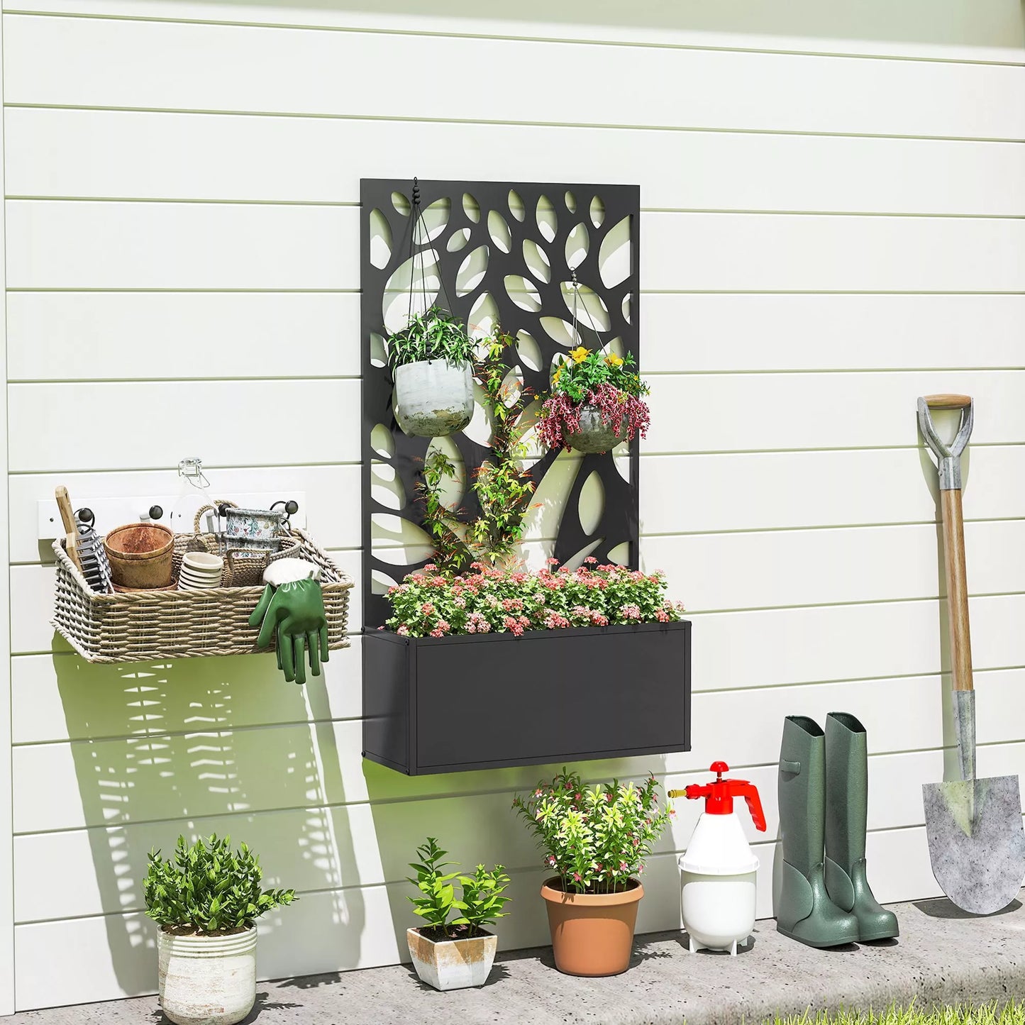 Pakelta lysvė su grotelėmis, metalinis vazonas su sienele tvirtinimui prie sienos arba pastatymui, plienas, 60x25x150 cm, antracito