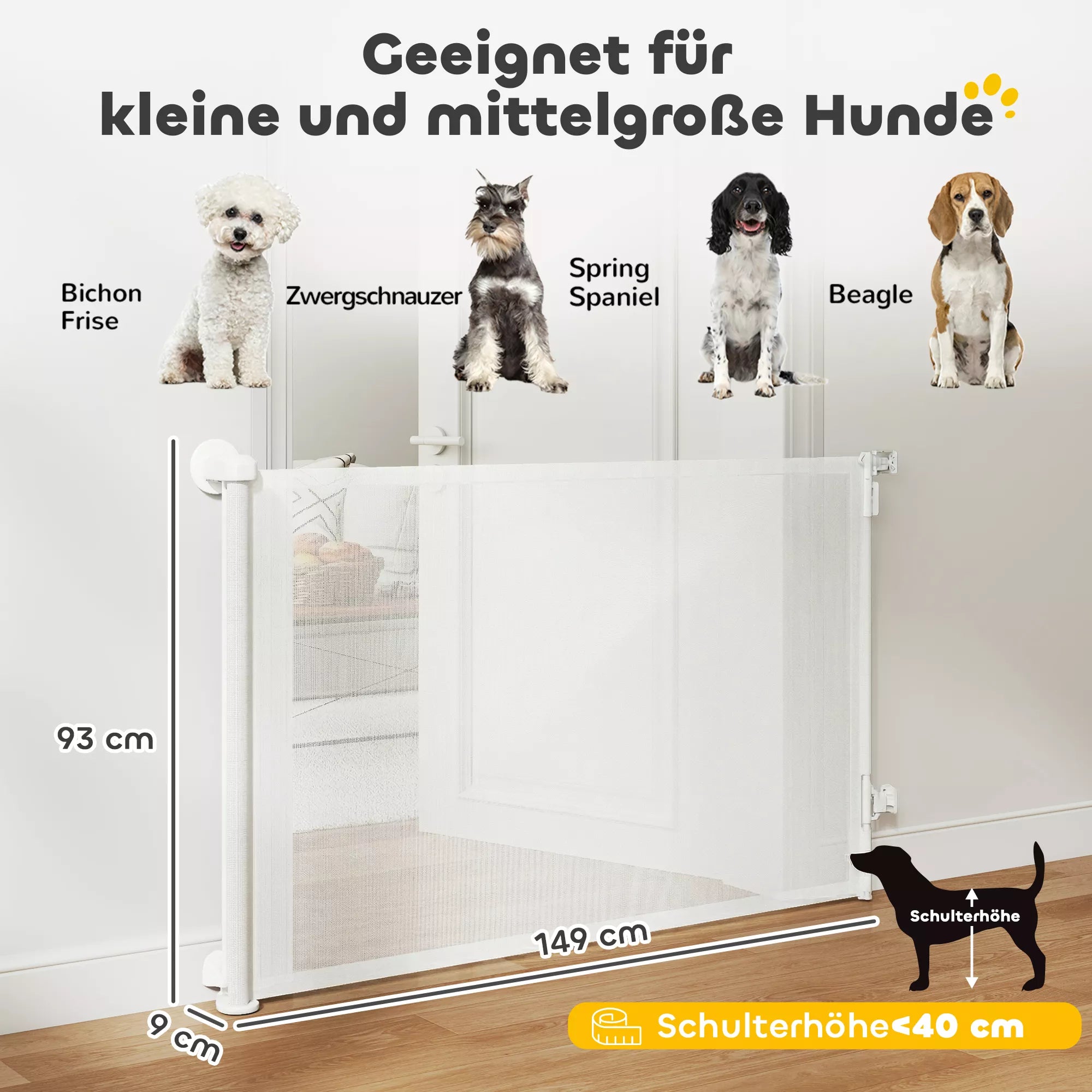 Laiptų apsauginė grotelė, ištraukiama 0–140 cm, valdoma viena ranka, skirta naminiams gyvūnams, laiptams ir durims, balta