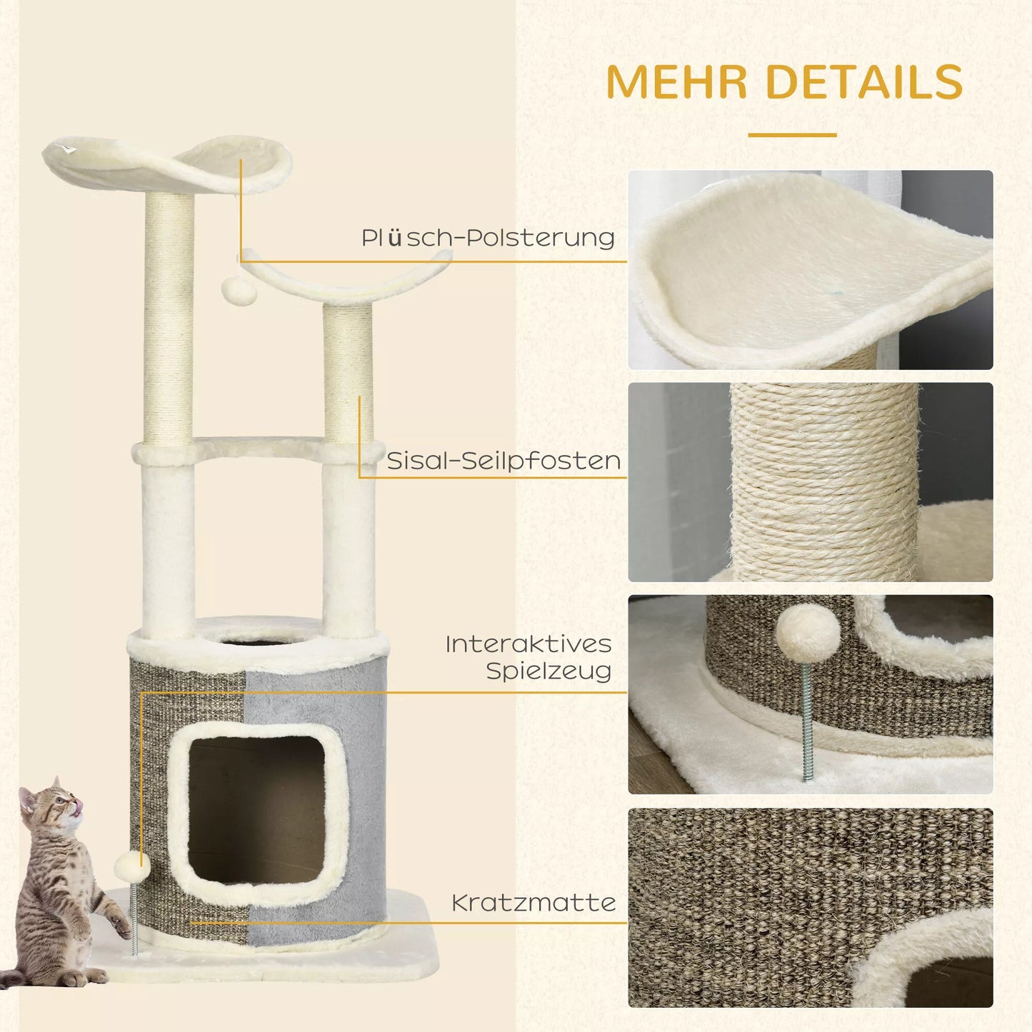 PawHut Kačių medis su guoliu, dviem pakylomis, dviem draskyklėmis, pliušiniu apmušalu, kreminės baltumo spalvos, 48 x 48 x 110cm