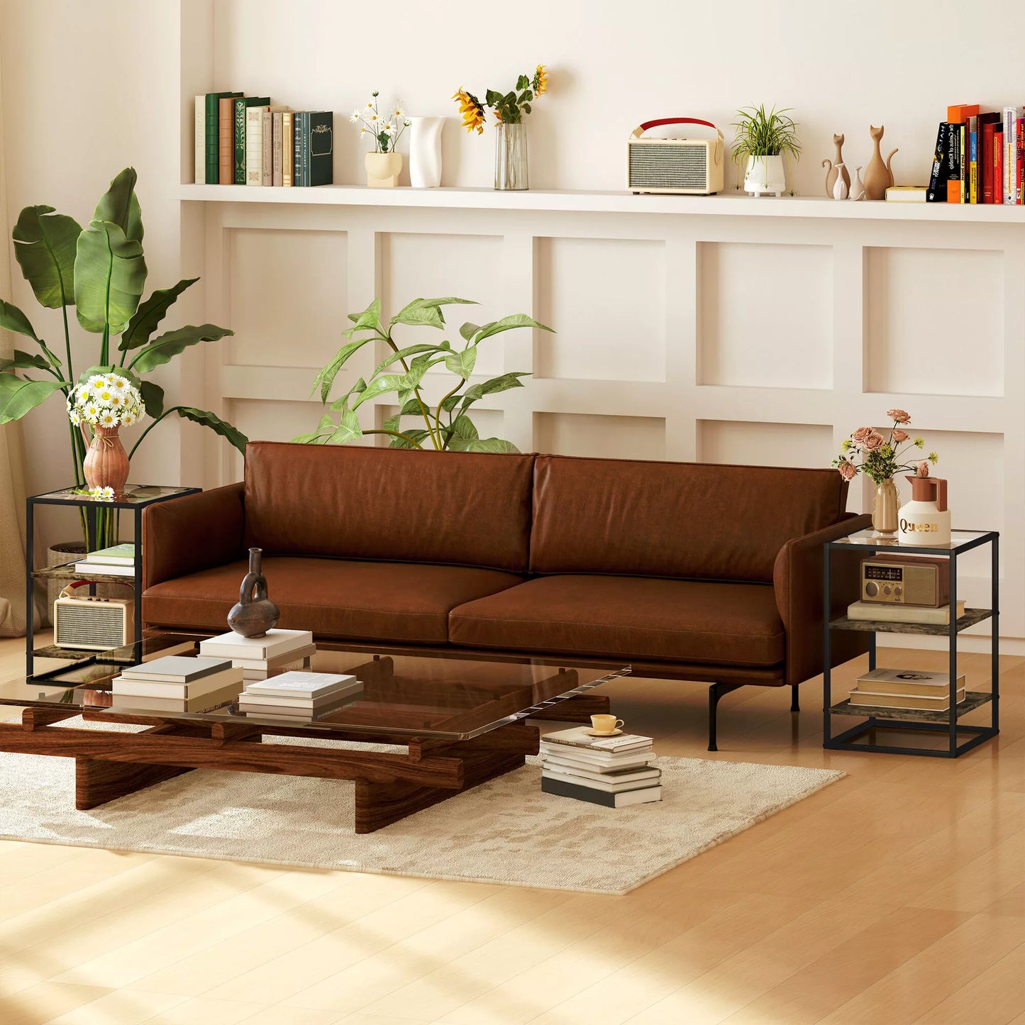 2 vnt. rinkinys stalelių su stikliniu stalviršiu, 3 pakopų dizainas, metalinis rėmas, skirta svetainei, miegamajam, ruda