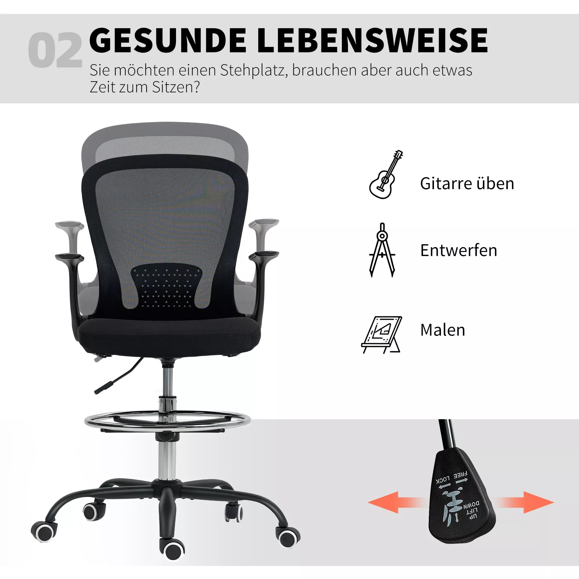 Infografika: kėdė naudojama grojant gitara, piešiant ir tapant