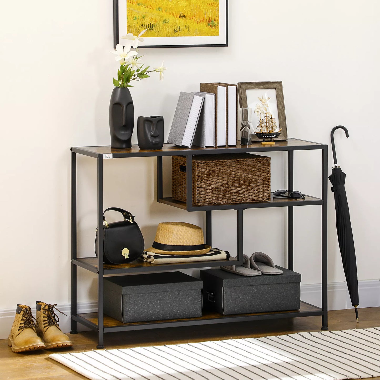 Lentyna, konsolinis staliukas, pramoninio dizaino, 4 lentynos, plieno rėmas, 99,6 x 33,6 x 74 cm