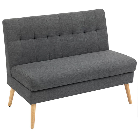 2 vietų sofa, su dygsniuota atlošu, medinėmis kojelėmis,  storu paminkštinimu, linine išvaizda,  mažoms erdvėms, pilkos spalvos