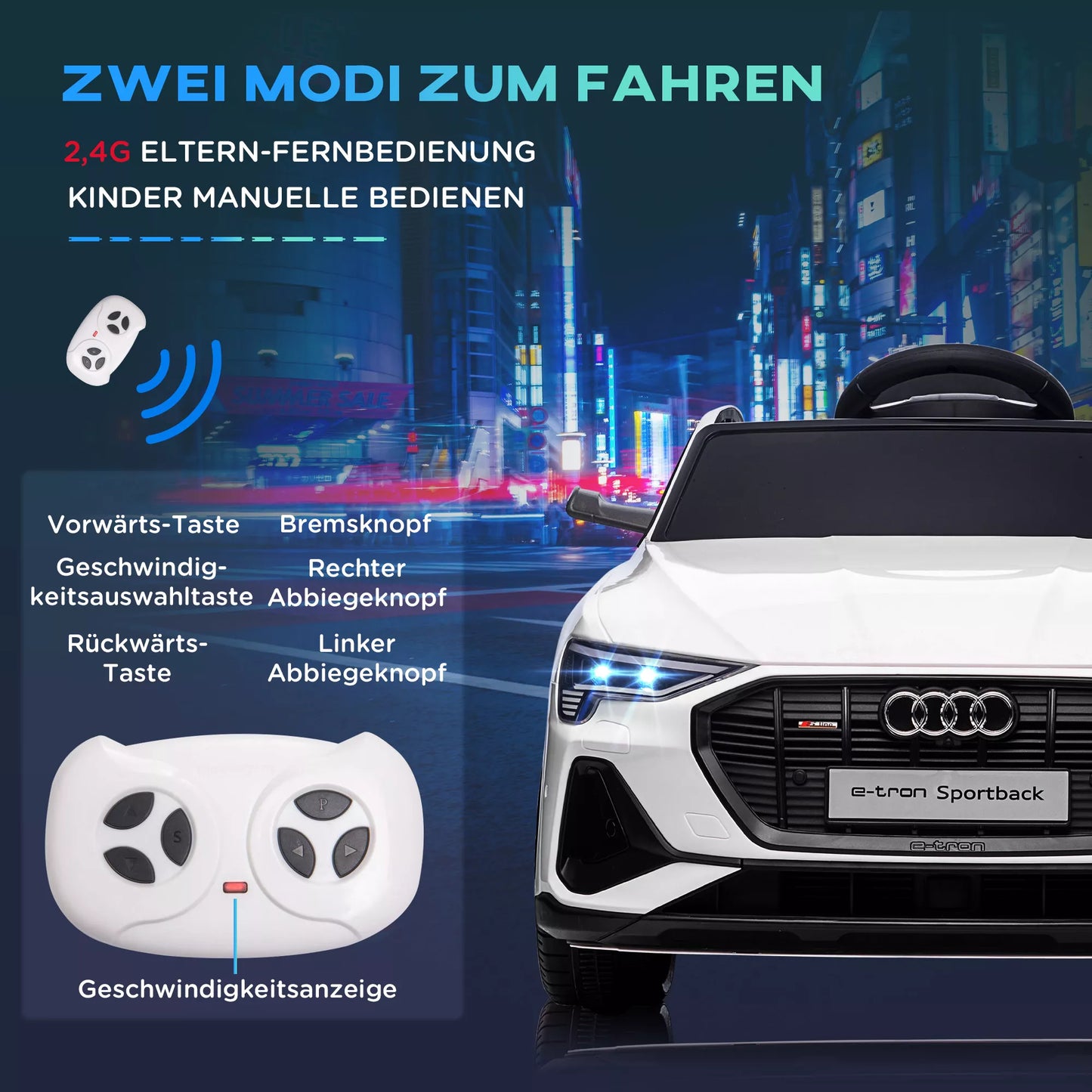 Elektrinis vaikiškas automobilis 12V Audi E-tron su nuotolinio valdymo pulteliu, saugos diržu, muzika (MP3/USB/TF), vaikiška transporto priemonė 3-5 metų vaikams, 3-5 km/h, Balta