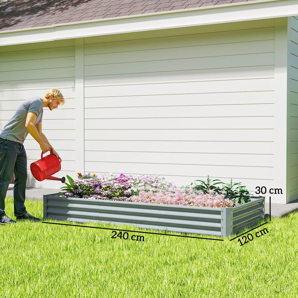 Infografika: pilko cinkuoto metalinio klombo matmenys 240x90x30 cm su skalėmis